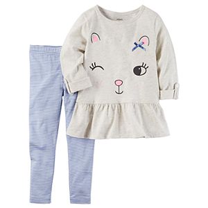 Toddler Girl Carter's Winking Cat Peplum Tunic & Striped Leggings Set