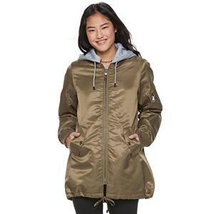 madden NYC Juniors' Detachable Hood Long Bomber Jacket