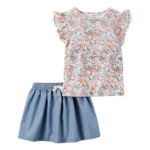 Toddler Girl Carter's Floral Flutter Sleeve Top & Chambray Skirt Set