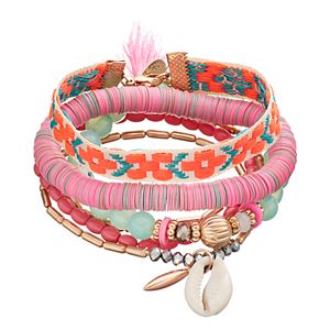 Mudd® Pink Bead, Disc, Shell & Embroidered Bracelet Set