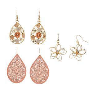 Mudd® Wire Flower & Openwork Nickel Free Teardrop Earring Set