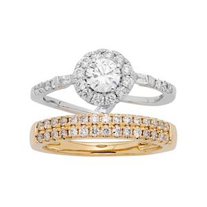 Two Tone 14k Gold 1 Carat T.W. IGL Certified Diamond Interlocking Halo Engagement Ring Set