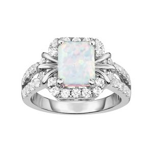 Sterling Silver Lab-Created White Opal & White Sapphire Halo Ring