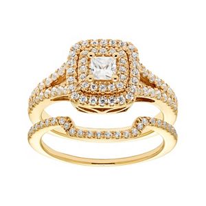 14k Gold 1 Carat T.W. IGL Certified Diamond Square Halo Engagement Ring Set