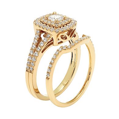 14k Gold 1 Carat T.W. IGL Certified Diamond Square Halo Engagement Ring Set