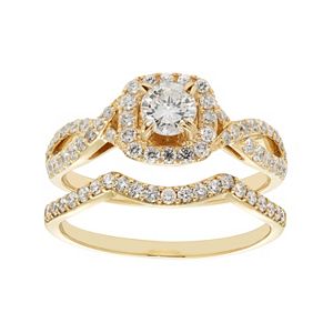 14k Gold 1 Carat T.W. IGL Certified Diamond Tiered Halo Engagement Ring Set