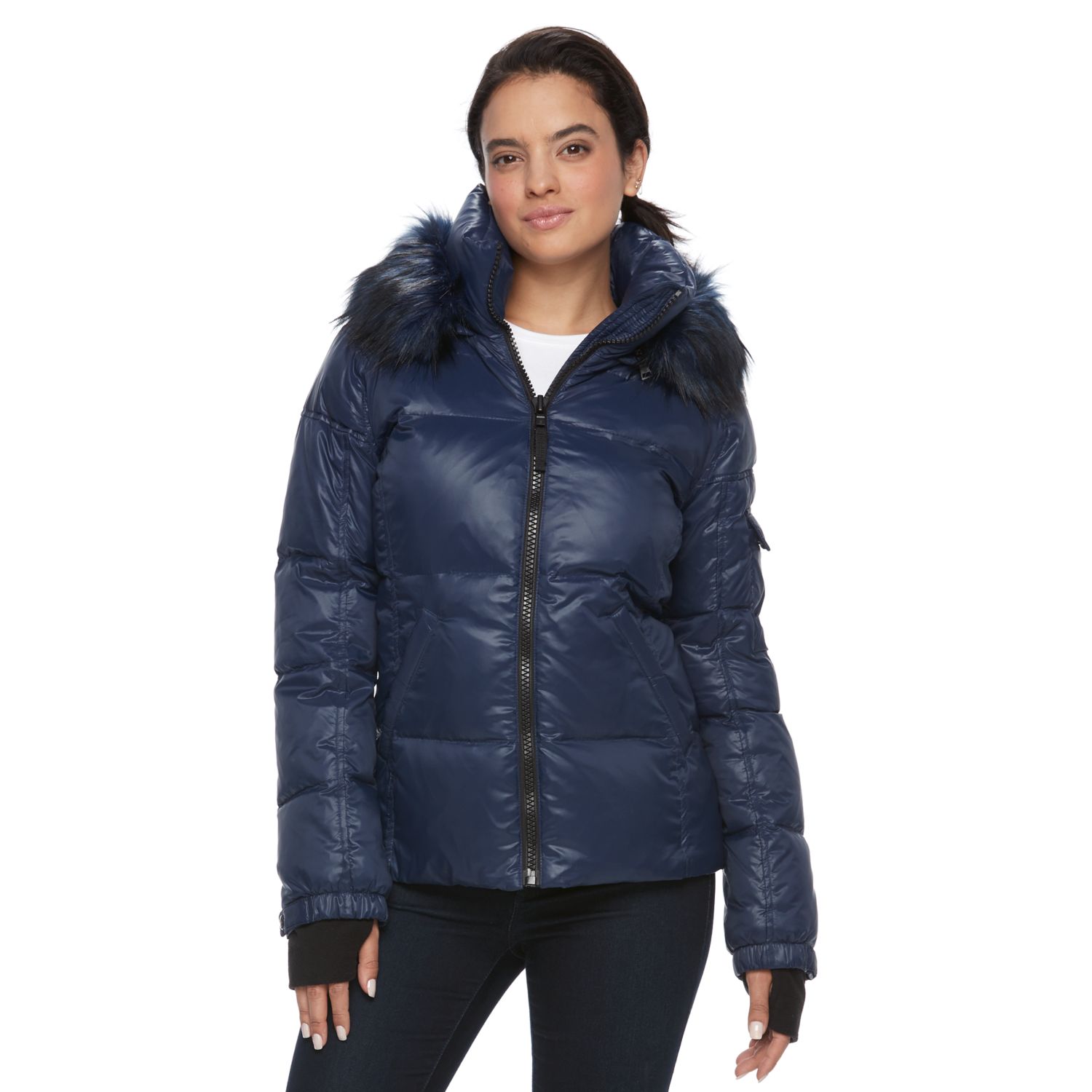 s13 kylie faux fur trim gloss puffer jacket
