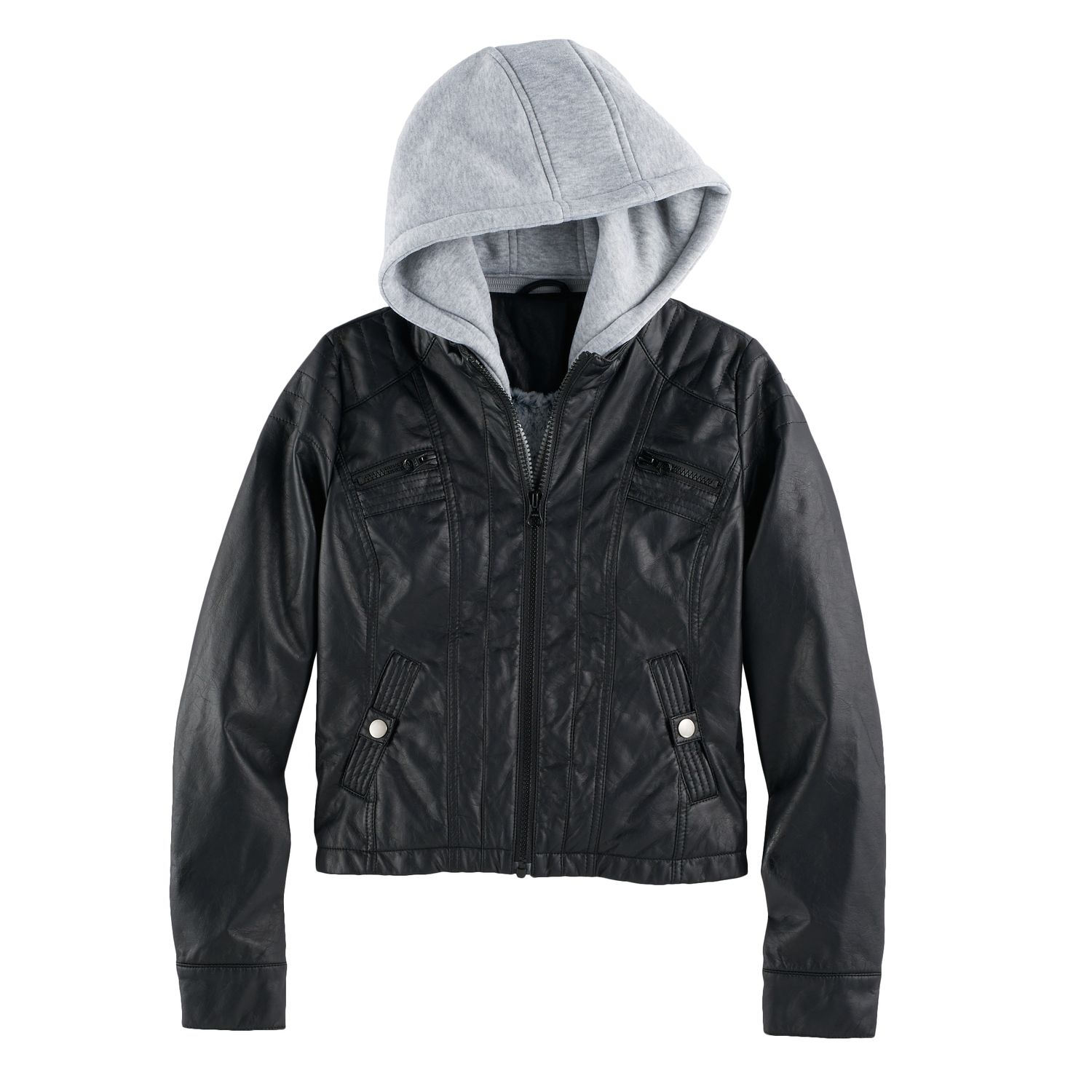 leather jacket with sweatshirt hood