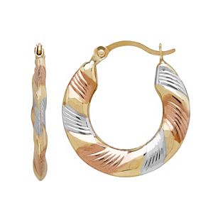 Everlasting Gold Tri Tone 10k Gold Striped Hoop Earrings