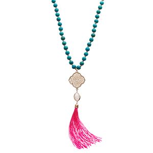 Long Pink Tassel Simulated Turquoise Beaded Necklace