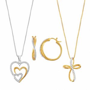 Two Tone Diamond Accent Heart, Cross & Twist Jewelry Set