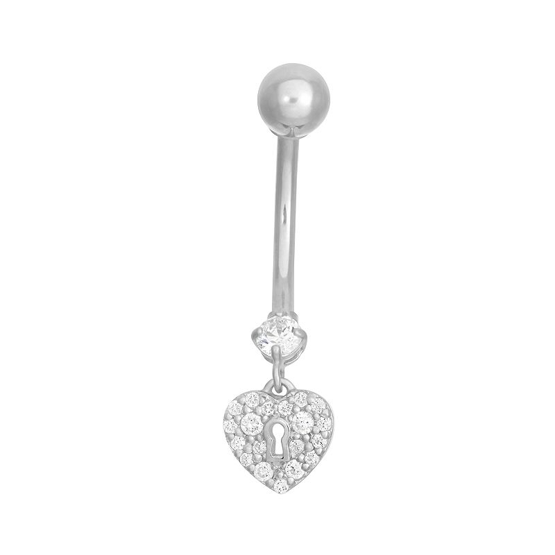 10k White Gold Cubic Zirconia Heart Lock Belly Ring, Womens