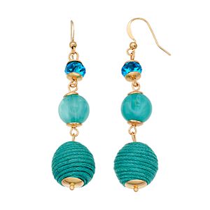 Aqua Thread Wrapped Bead Nickel Free Linear Drop Earrings