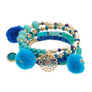 Blue Pom Pom Beaded Stretch Bracelet Set