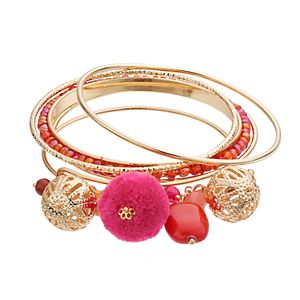 Beaded & Textured Pom Pom Charm Bangle Bracelet Set