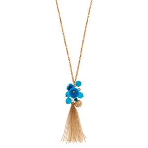 Long Aqua Beaded Cluster Tassel Necklace
