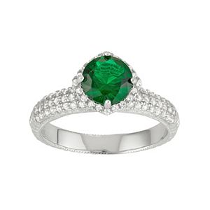 Sterling Silver Simulated Emerald & Lab-Created White Sapphire Halo Ring
