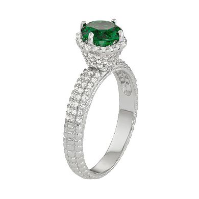 Sterling Silver Simulated Emerald & Lab-Created White Sapphire Halo Ring