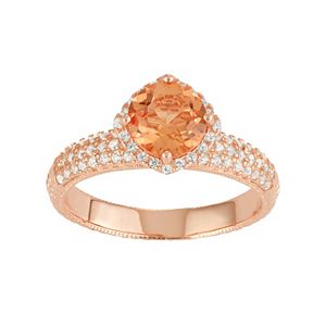14k Rose Gold Over Silver Peach Quartz & Lab-Created White Sapphire Halo Ring