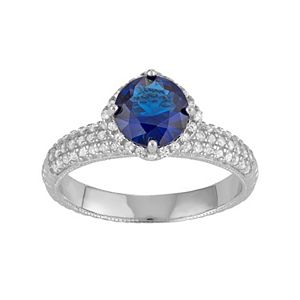 Sterling Silver Simulated Blue Sapphire & Lab-Created White Sapphire Halo Ring