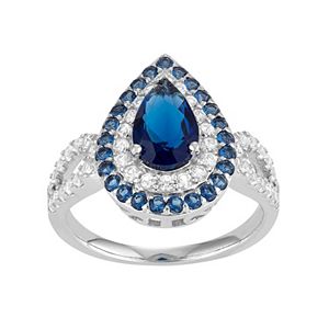 Sterling Silver Simulated Blue Sapphire & Lab-Created White Sapphire Teardrop Halo Ring