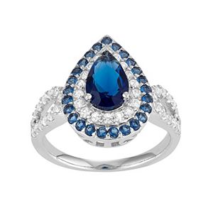 Sterling Silver Simulated Blue Sapphire & Lab-Created White Sapphire Teardrop Halo Ring