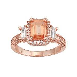 14k Rose Gold Over Silver Peach Quartz & Lab-Created White Sapphire 3-Stone Ring