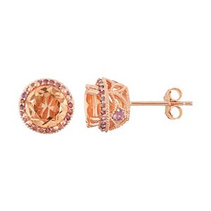 14k Rose Gold Over Silver Peach Quartz & Amethyst Halo Stud Earrings