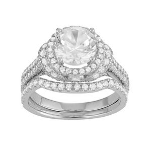 Sterling Silver Lab-Created White Sapphire Halo Engagement Ring Set