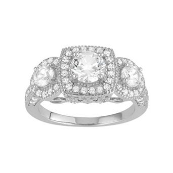 Designs by Gioelli Sterling Silver Lab-Created White Sapphire 3-Stone Halo Engagement Ring