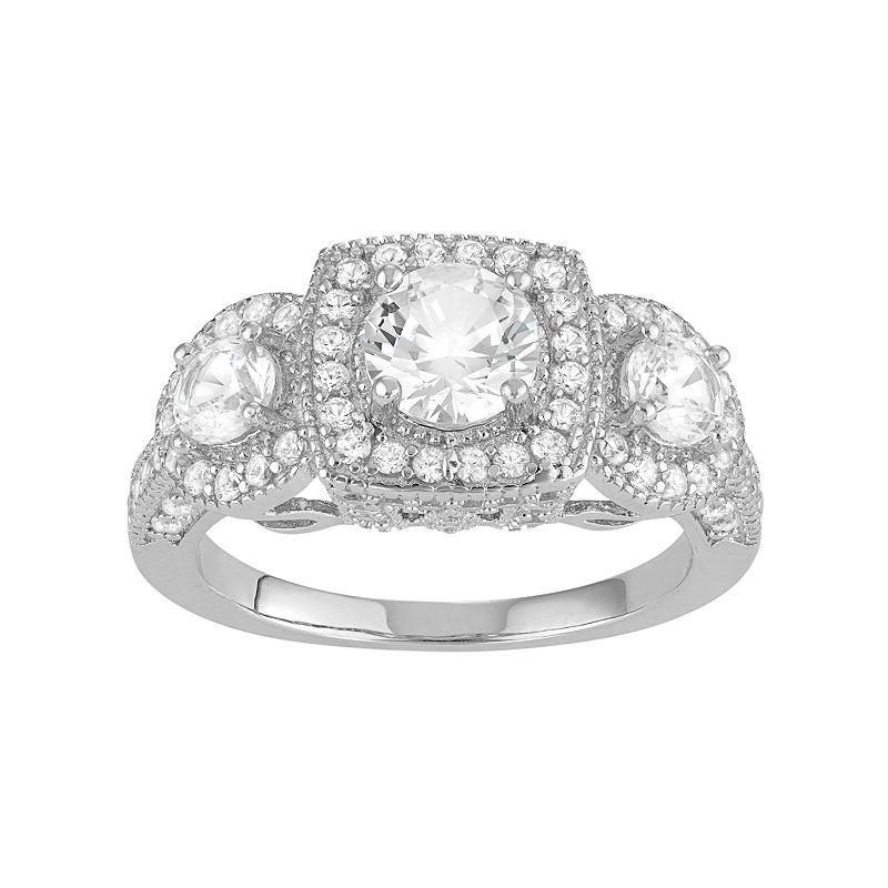 Sterling Silver Lab-Created White Sapphire 3-Stone Halo Engagement Ring, Wo