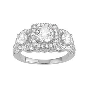 Sterling Silver Lab-Created White Sapphire 3-Stone Halo Engagement Ring