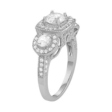 Sterling Silver Lab-Created White Sapphire 3-Stone Halo Engagement Ring