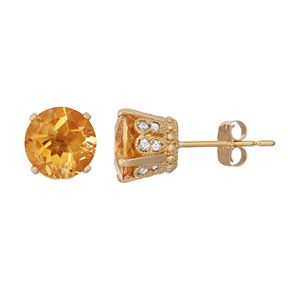 14k Gold Over Silver Citrine & Lab-Created White Sapphire Stud Earrings