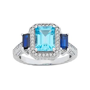 Sterling Silver Blue Topaz & Simulated Sapphire Rectangle Halo Ring