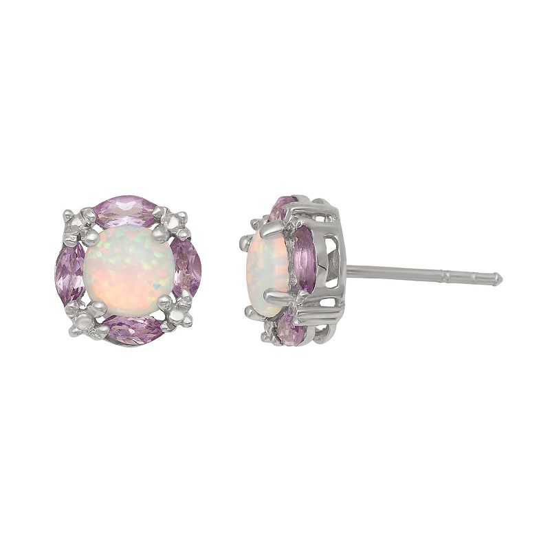 Sterling Silver Lab-Created Opal & Amethyst Stud Earrings, Womens, White