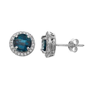 Sterling Silver Blue Quartz & Lab-Created White Sapphire Halo Stud Earrings