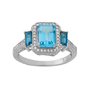 Sterling Silver Blue Topaz & Lab-Created White Sapphire 3-Stone Ring