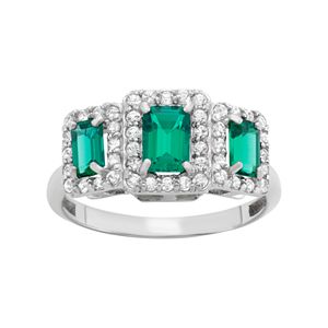 Sterling Silver Simulated Emerald & Lab-Created White Sapphire 3-Stone Ring