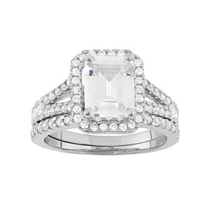 Sterling Silver Lab-Created White Sapphire Rectangle Halo Engagement Ring Set