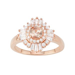 14k Rose Gold Over Silver Simulated Morganite & Cubic Zirconia Halo Ring