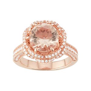 14k Rose Gold Over Silver Simulated Morganite & Cubic Zirconia Halo Ring