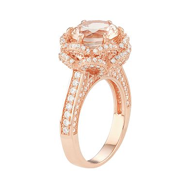 14k Rose Gold Over Silver Simulated Morganite & Cubic Zirconia Halo Ring