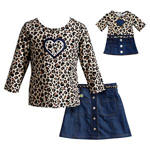Girls  4-14 Dollie & Me Leopard Print Top, Belted Skirt & Doll Dress Set