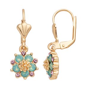 14k Gold Plated Green & Pink Crystal Flower Drop Earrings