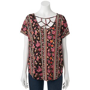 Juniors' Pink Rose Strappy Short Sleeve Top
