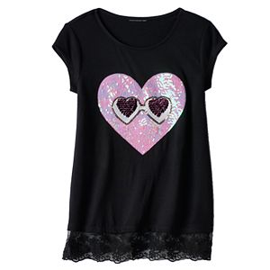 Girls 7-16 Miss Chievous Sequin Applique Lace Hem Tee