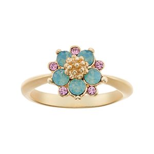 14k Gold Plated Green & Pink Crystal Flower Ring