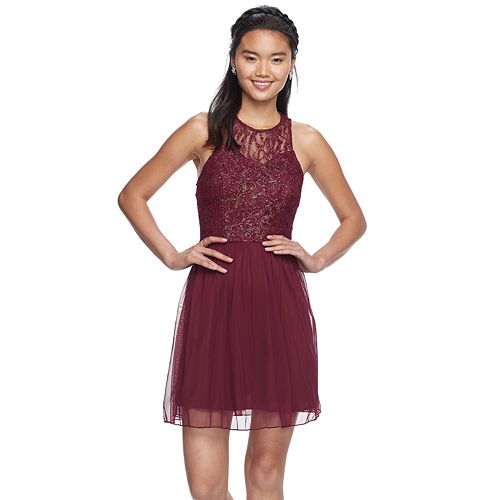 Juniors Speechless Sparkly Lace Halter Skater Dress