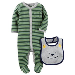 Baby Boy Carter's Striped Sleep & Play, & Monster Bib Set